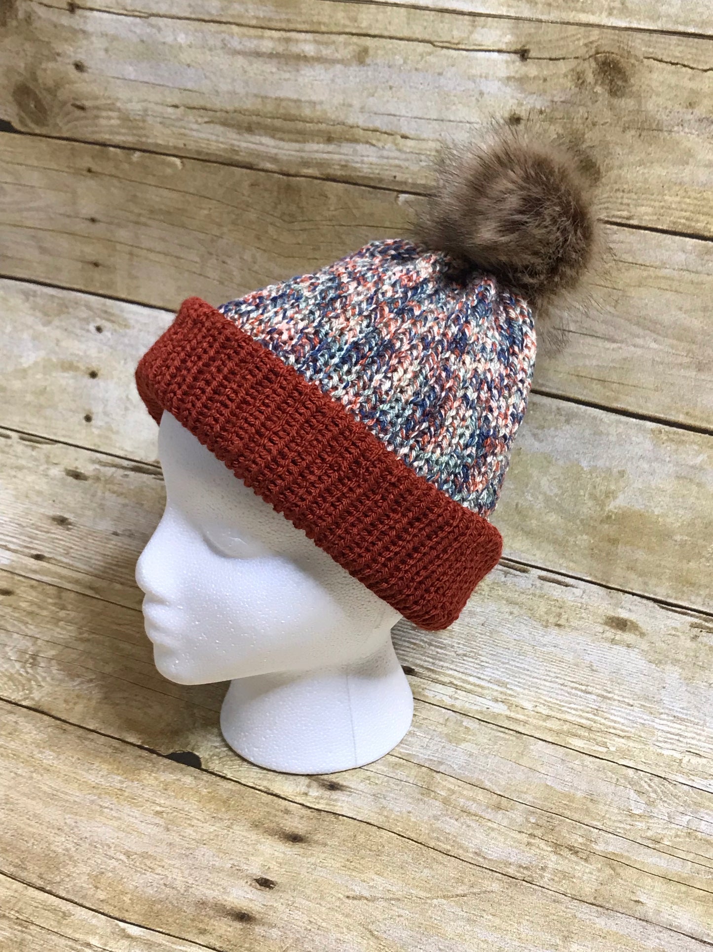 Knit Beanie Hat fall Autumn colors slouch beanie hat fur Pom Pom