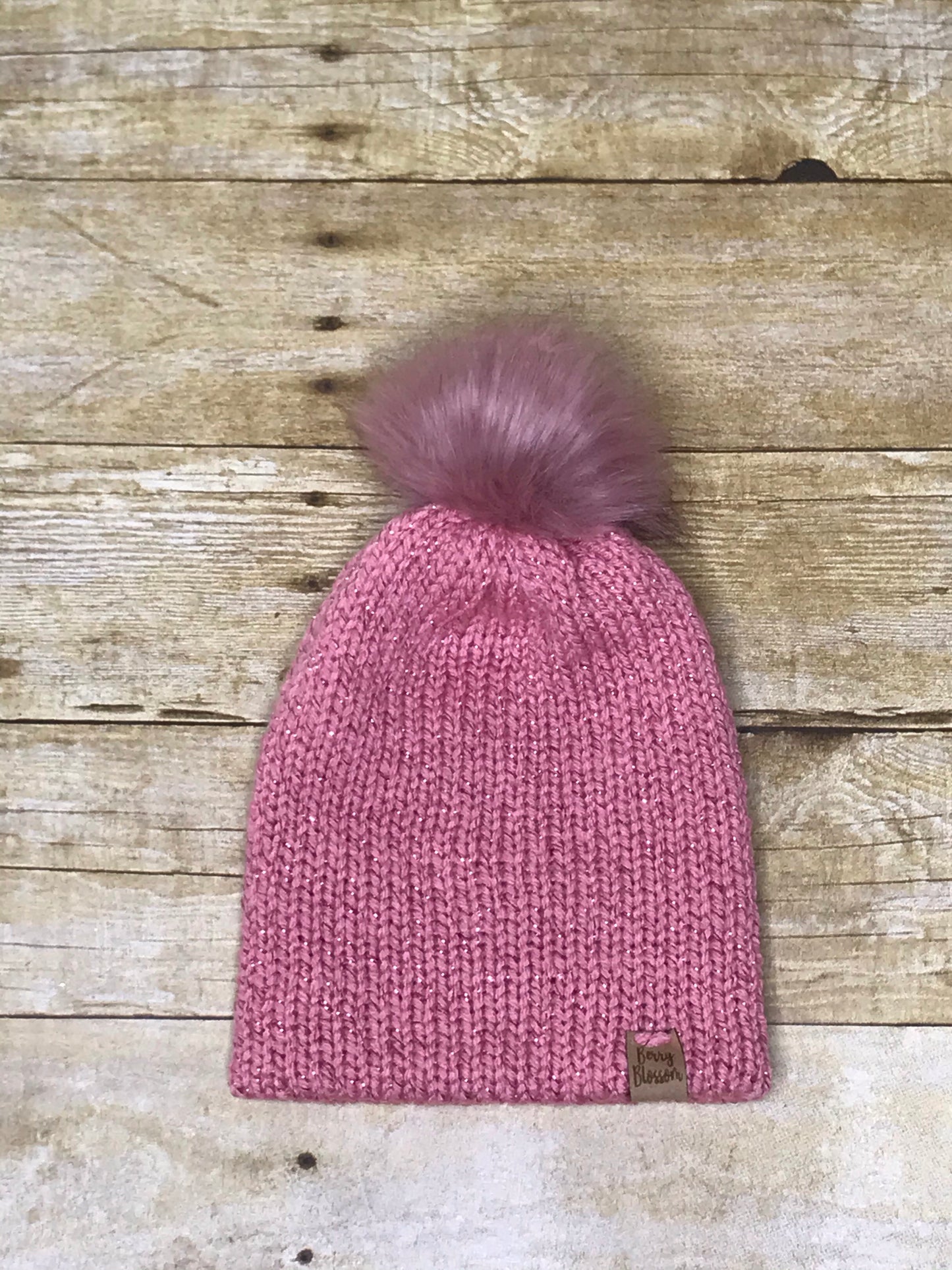 Knit beanie hat for girls with sparkle and fur Pom Pom- handmade