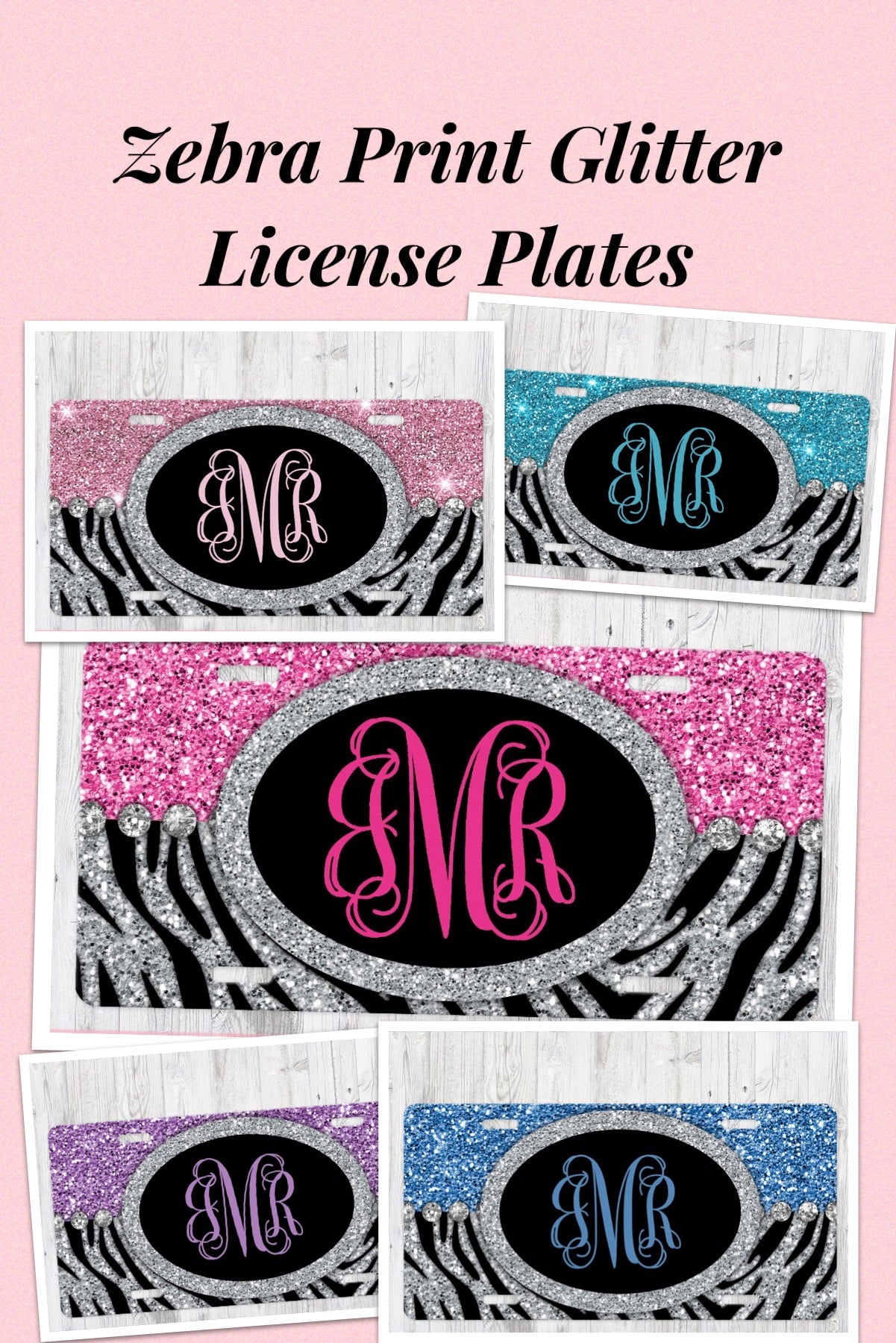 Zebra Print Glitter Aluminum License Plate - Custom Personalized Monogram car tag