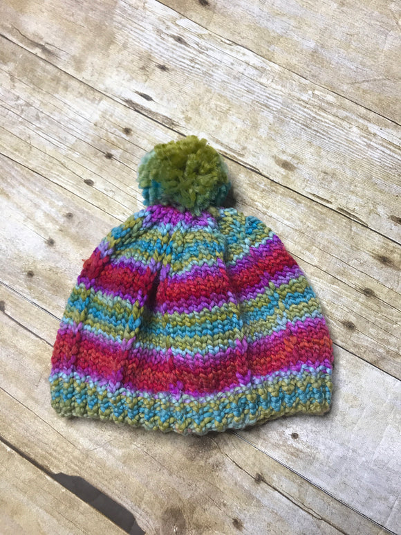 Hand knitted Teen/Adult size beanie hat Multi color with matching pop pom