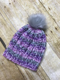 Hand knitted Teen/Adult size beanie hat Purple, grey and white with fur pop pom