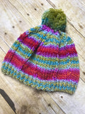 Hand knitted Teen/Adult size beanie hat Multi color with matching pop pom