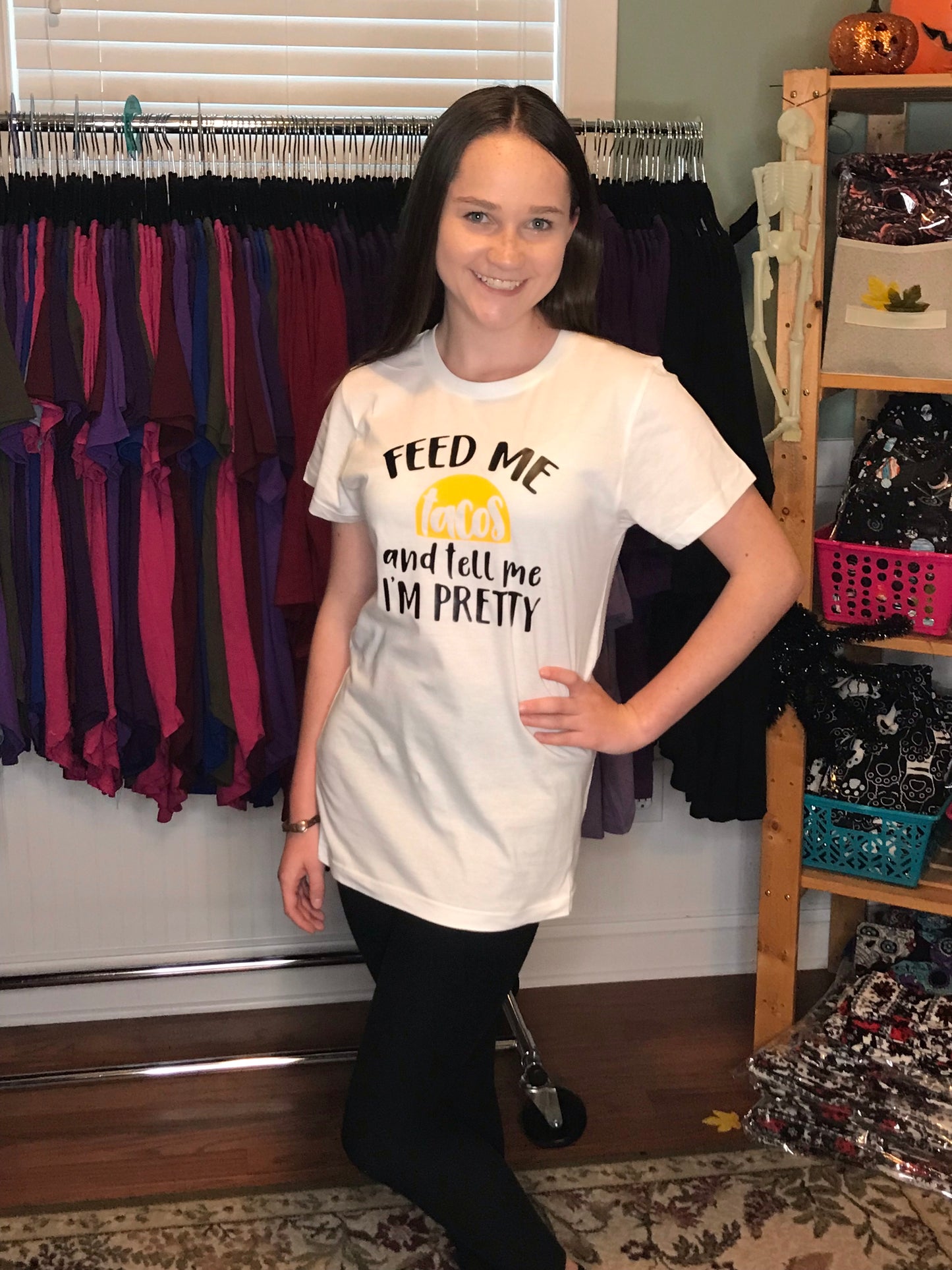 “Feed Me Tacos and Tell Me I’m Pretty” Ladies White Top - Funny graphic tee - T-shirt