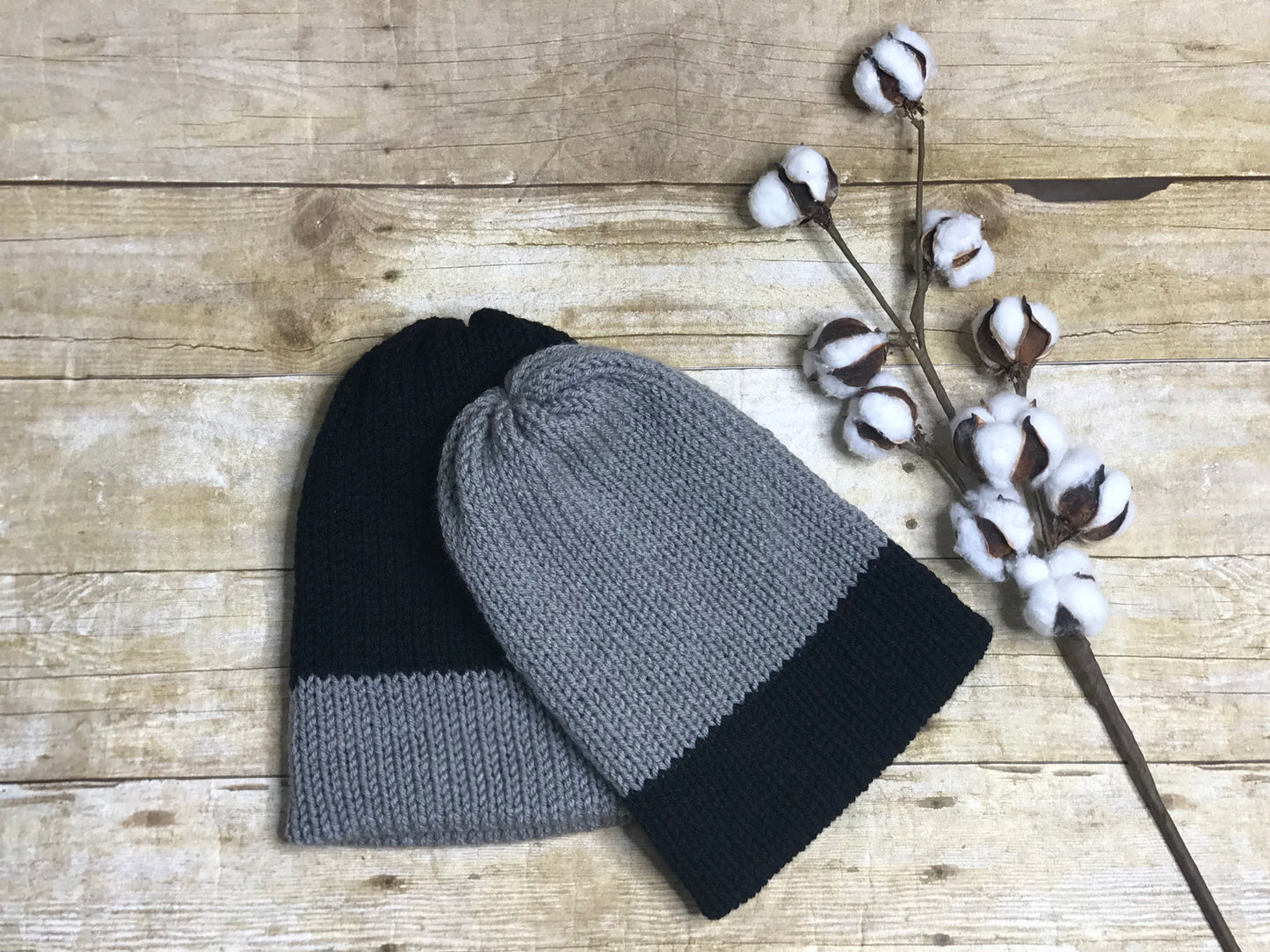 Knit Beanie Hat - unisex men’s ladies handmade - black and grey - double layer -