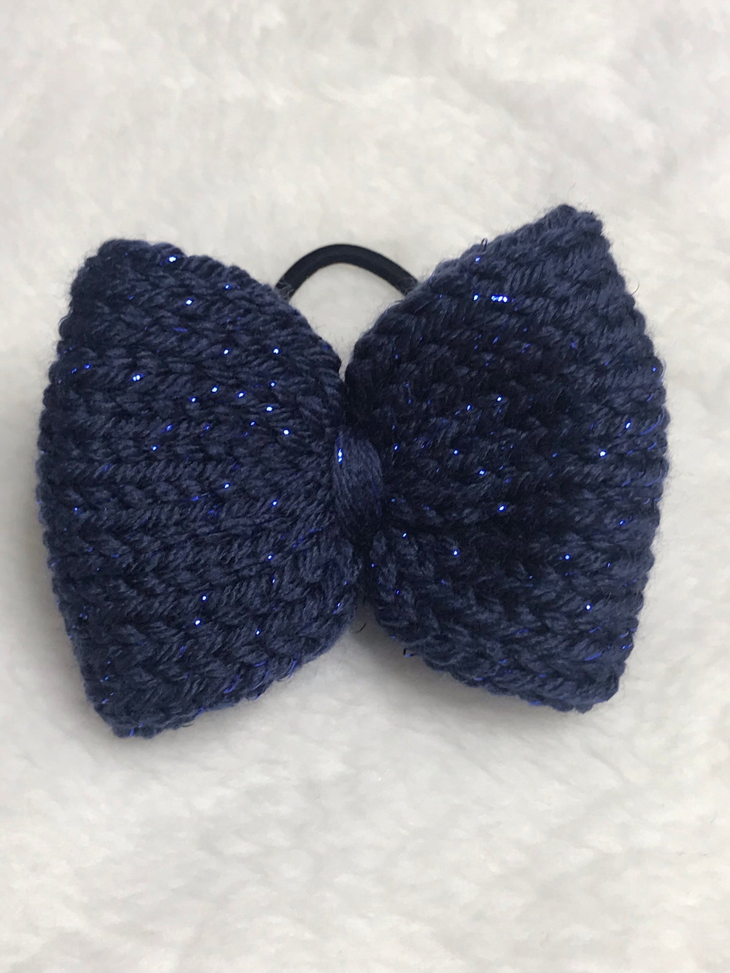 Girls knitted sparkle yarn hair bow - ponytail holder Christmas