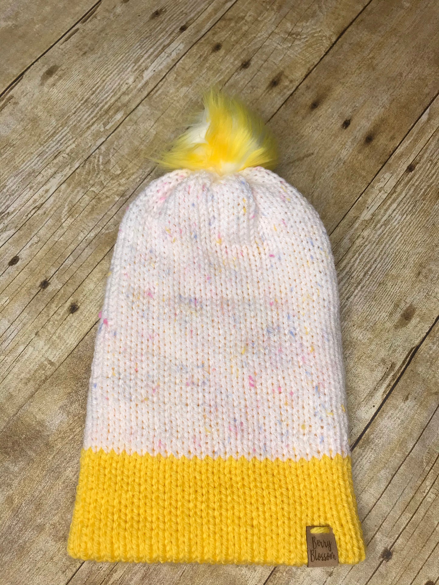 Knit Slouch Beanie Hat Pink or Yellow - faux fur pom pom