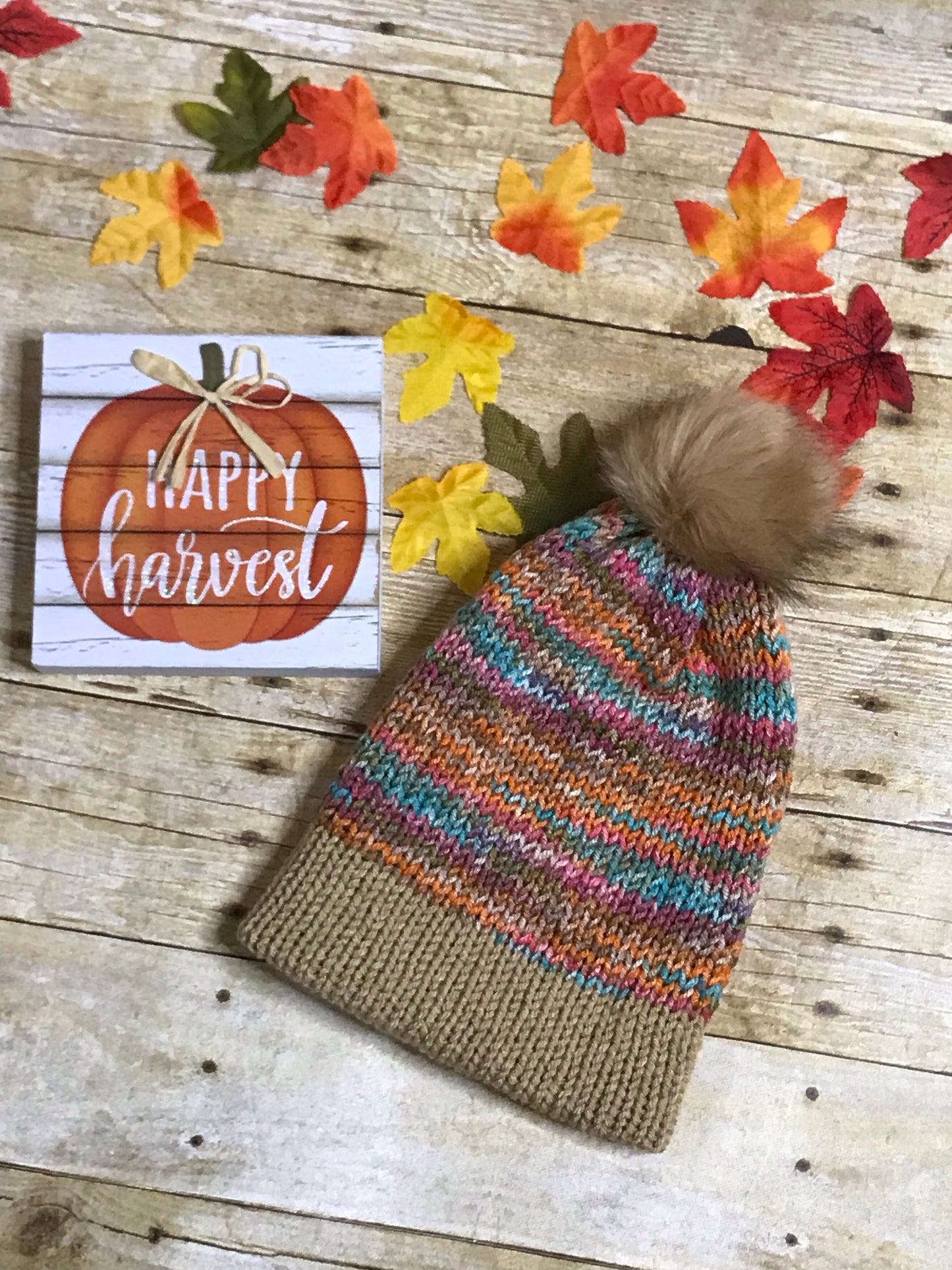 Knit fall autumn colors slouch beanie hat fur Pom Pom