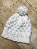 Hand knitted Teen/Adult size beanie hat White color with matching pop pom