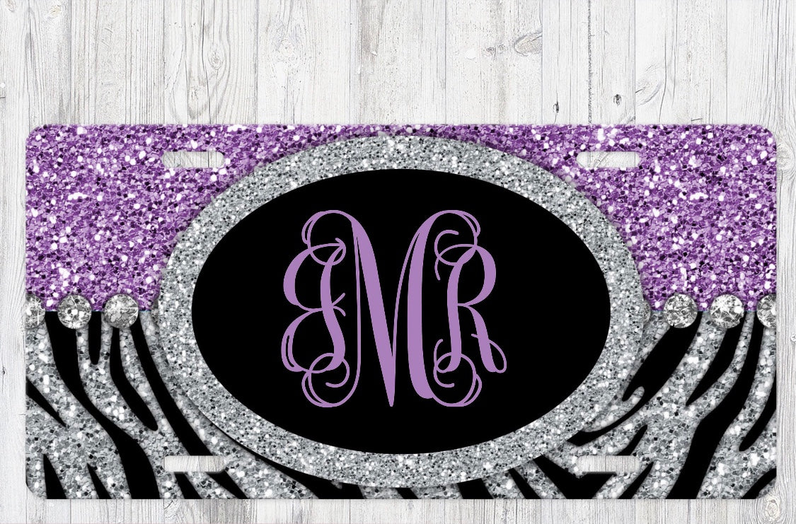 Zebra Print Glitter Aluminum License Plate - Custom Personalized Monogram car tag