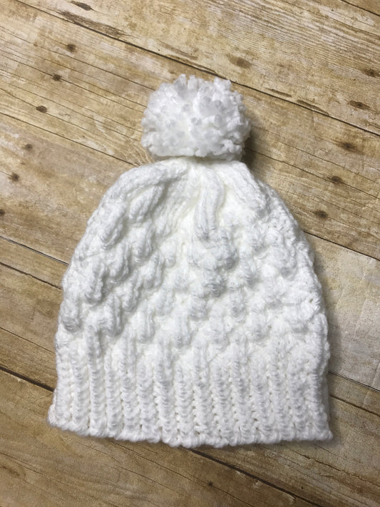 Hand knitted Teen/Adult size beanie hat White color with matching pop pom