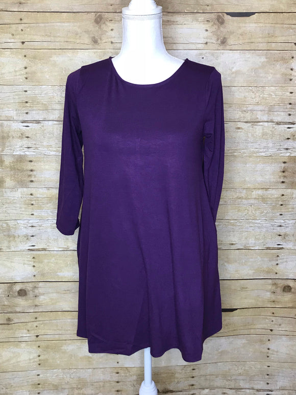 BOAT NECK FLARED TOP WITH SIDE POCKETS - 3/4 Sleeves - Dark Purple