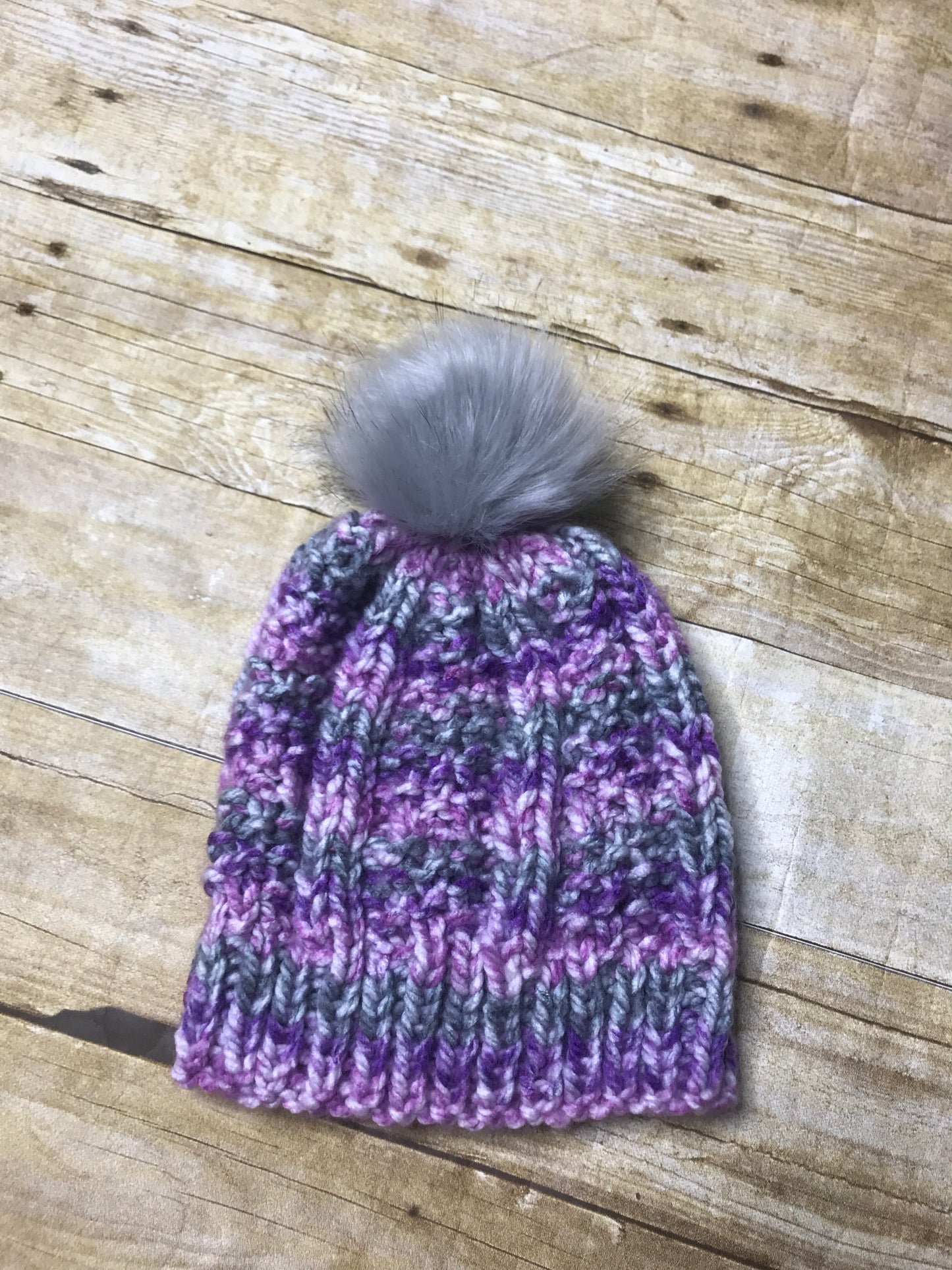 Hand knitted Teen/Adult size beanie hat Purple, grey and white with fur pop pom