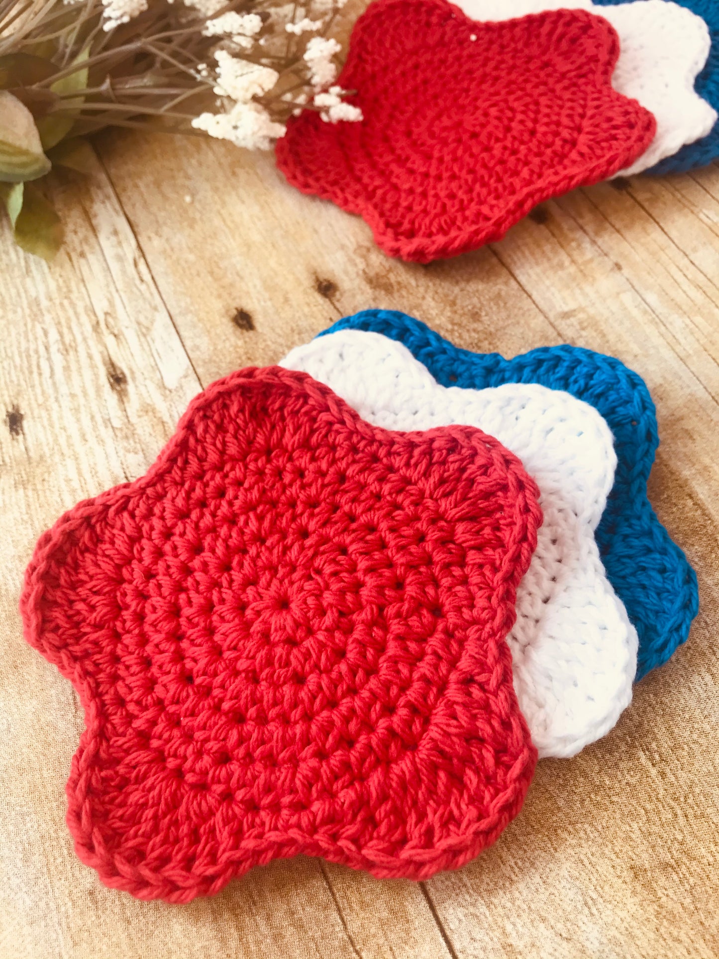 Crochet Star coasters handmade home accessories 4th of July