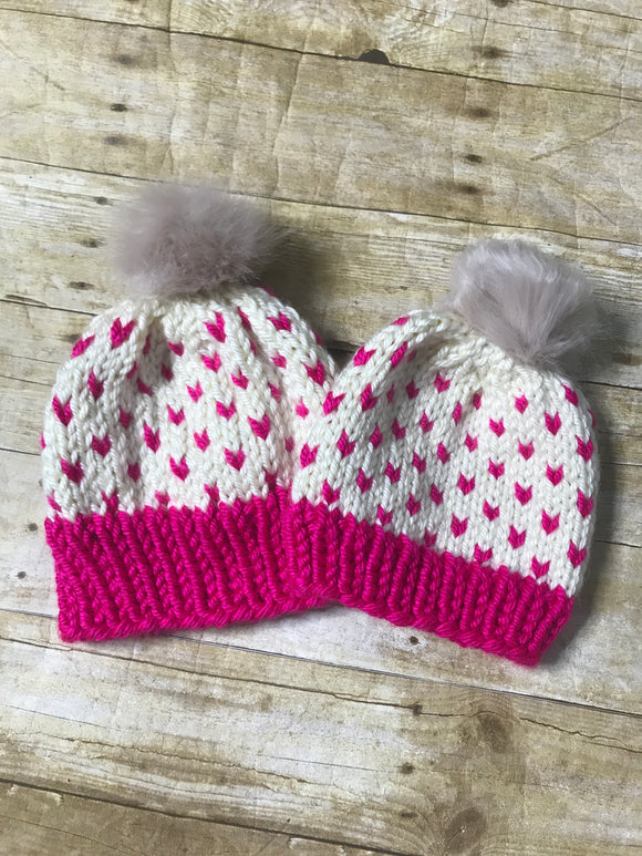Mommy and Me hand knitted winter beanie hats Hot pink and cream fur pom pom