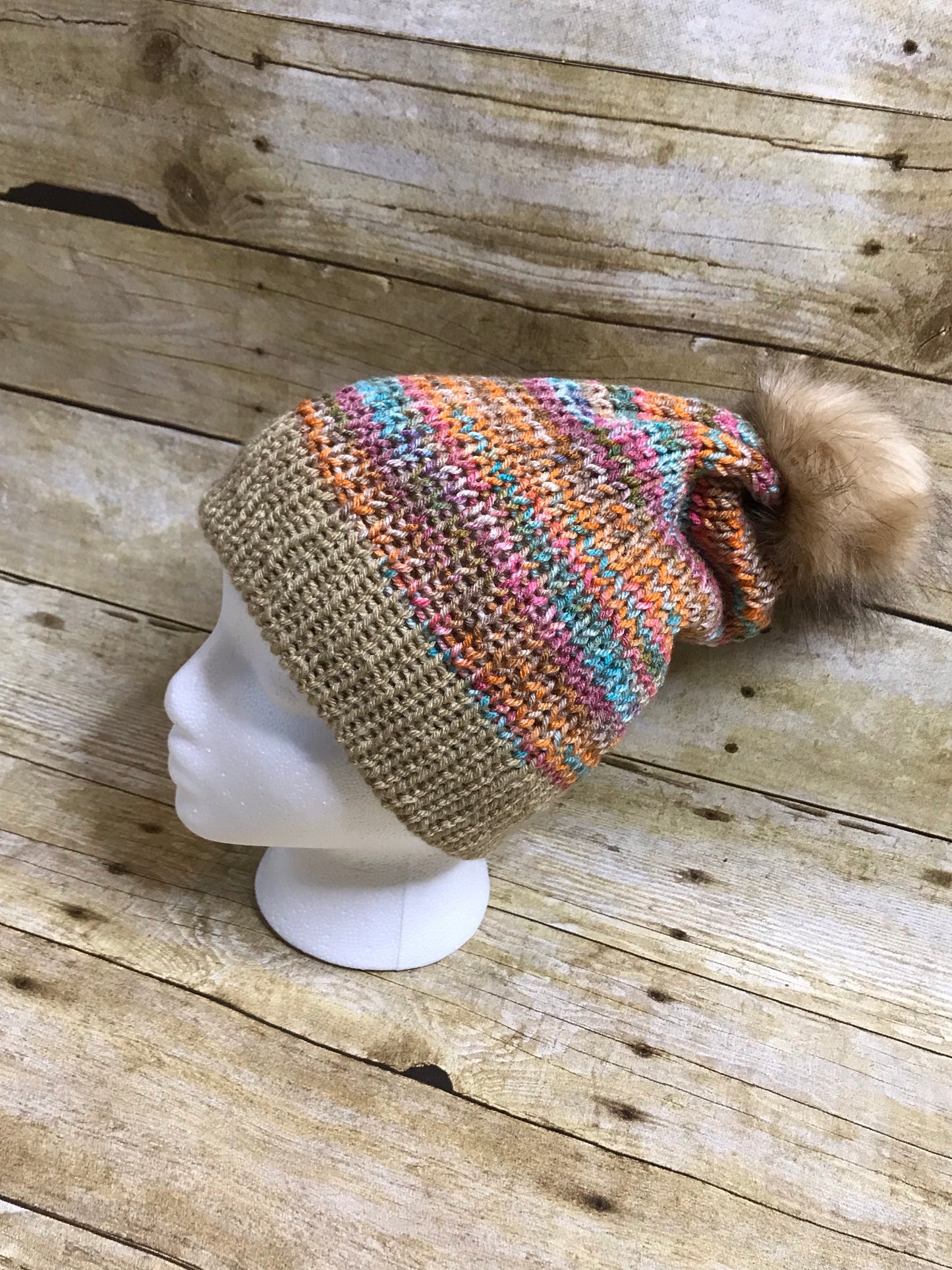 Knit fall autumn colors slouch beanie hat fur Pom Pom