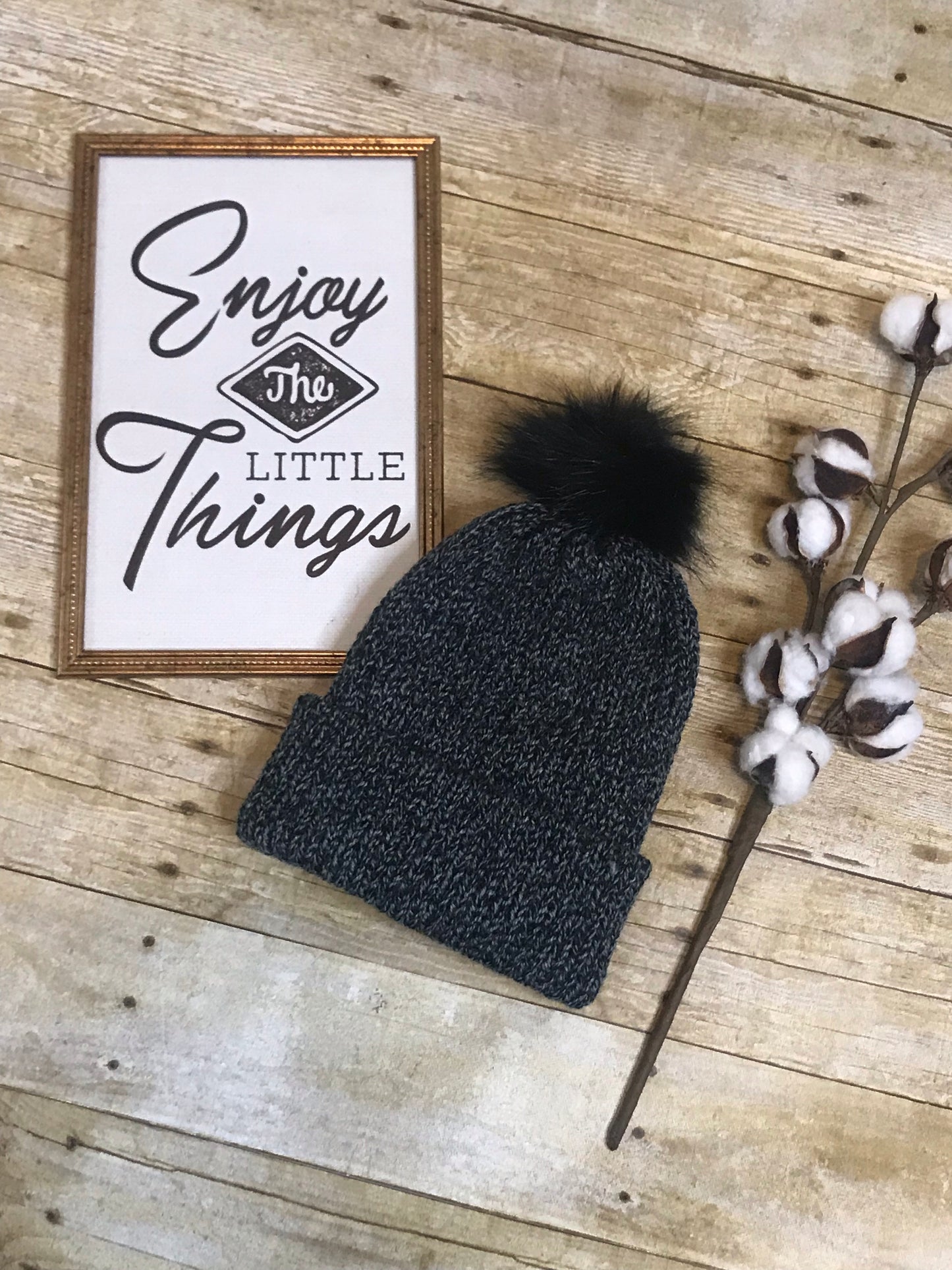 Knit beanie hat - unisex- double layer grey and black - faux fur pom pom