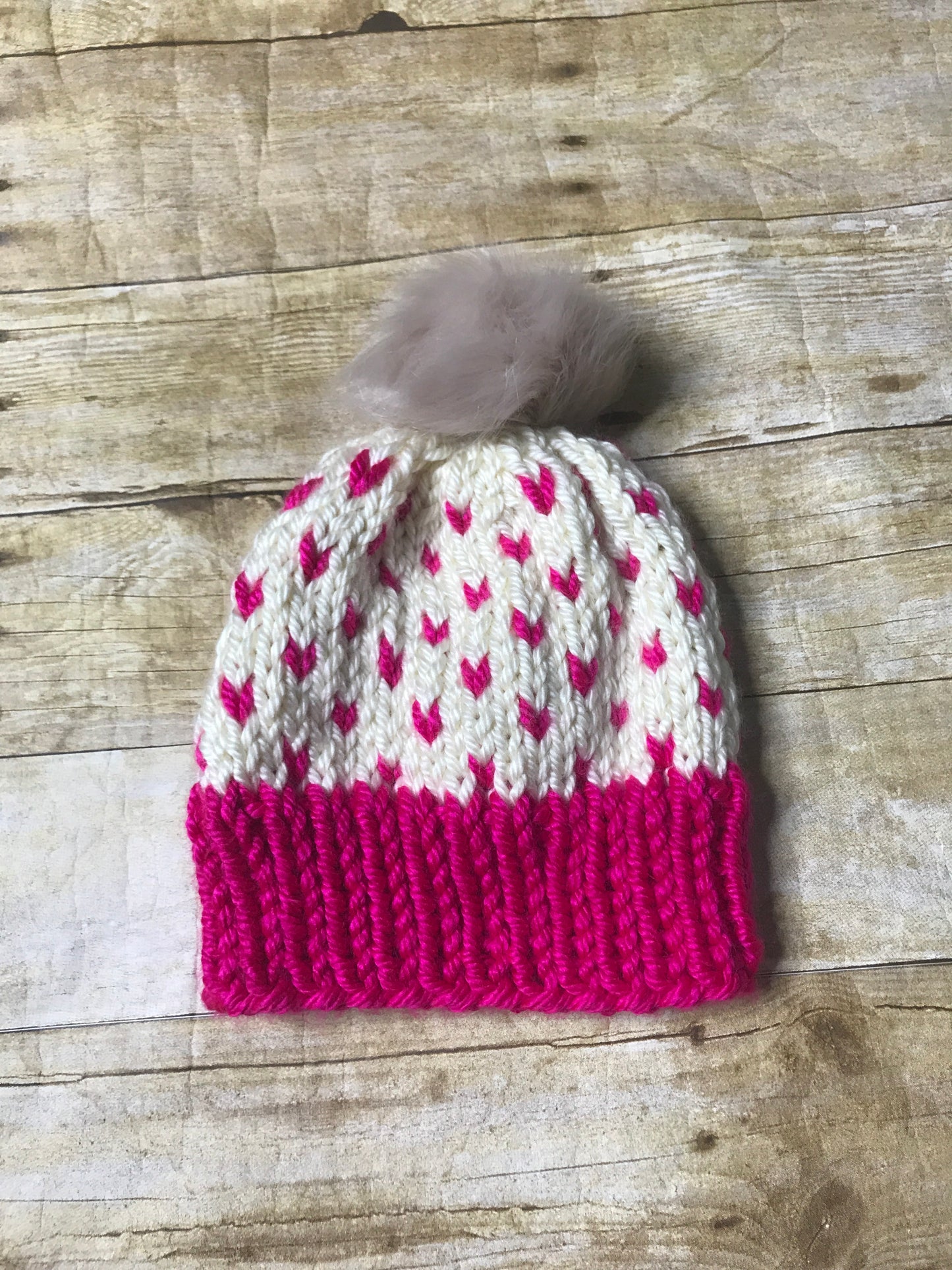 Mommy and Me hand knitted winter beanie hats Hot pink and cream fur pom pom