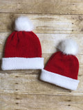 Mommy and me Knit Beanie Hat Christmas Santa hat double layer faux fur pom pom