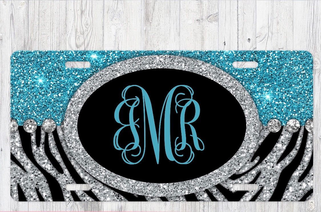 Zebra Print Glitter Aluminum License Plate - Custom Personalized Monogram car tag