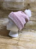 Knit Slouch Beanie Hat Pink and White  - faux fur pom pom