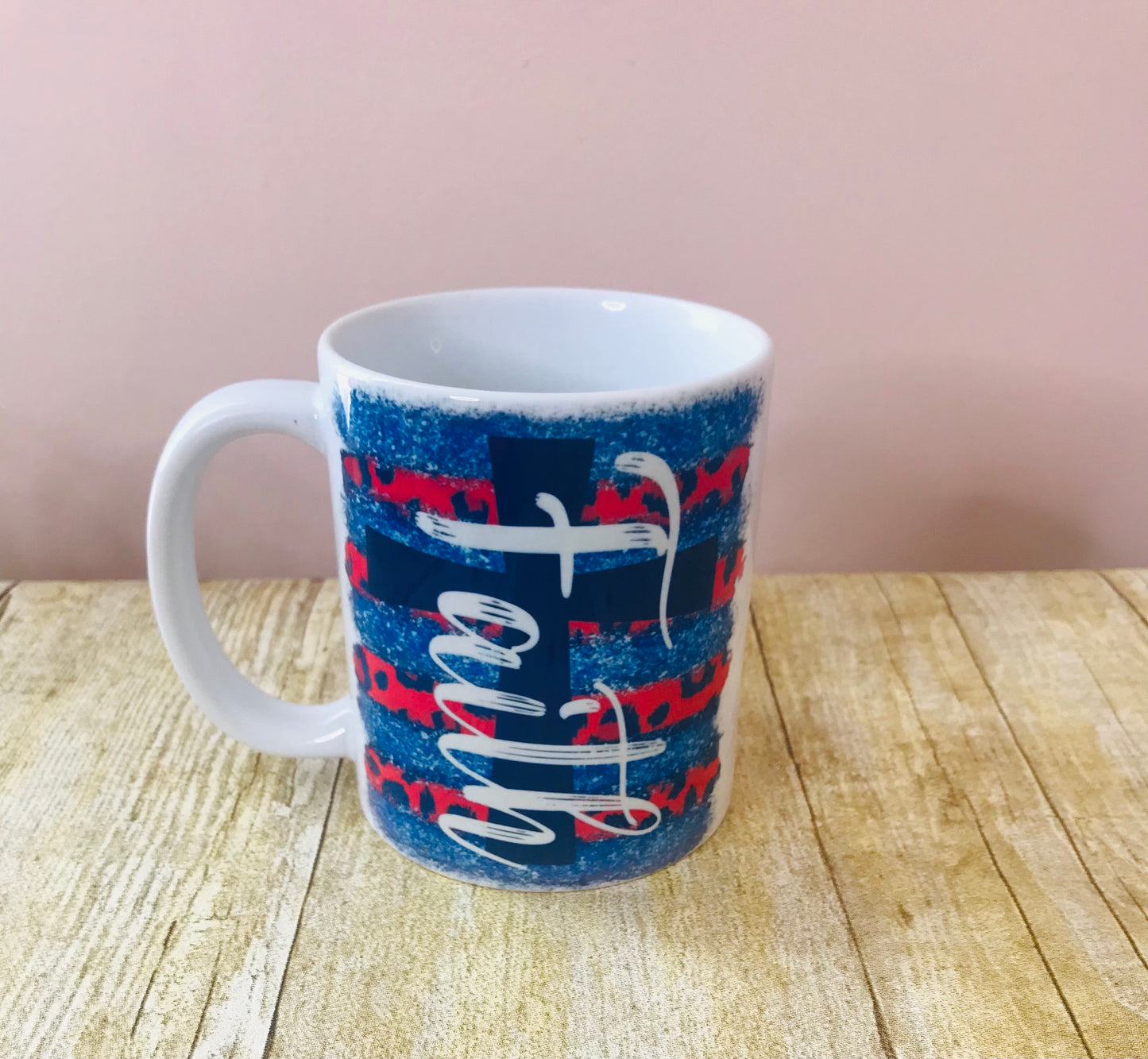 Coffee Mug “Faith” cross red, white and blue cup