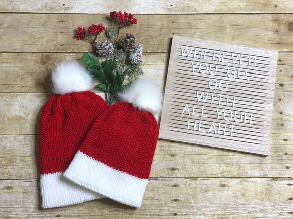 Mommy and me Knit Beanie Hat Christmas Santa hat double layer faux fur pom pom