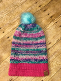Knit Beanie Hat Pink Purple Teal - faux fur pom pom