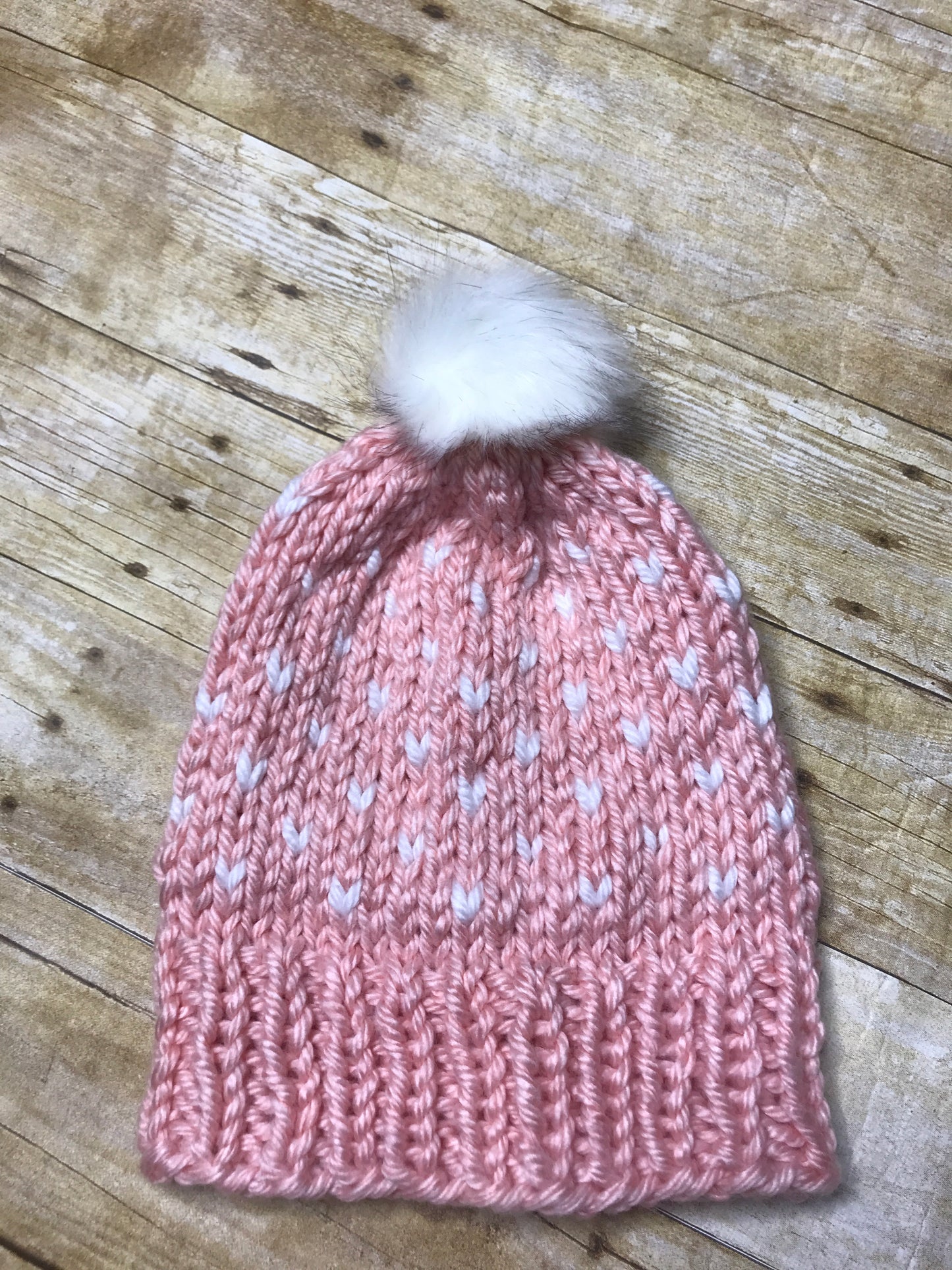 Hand knitted Adult size beanie hat Pink and White with fur pop pom