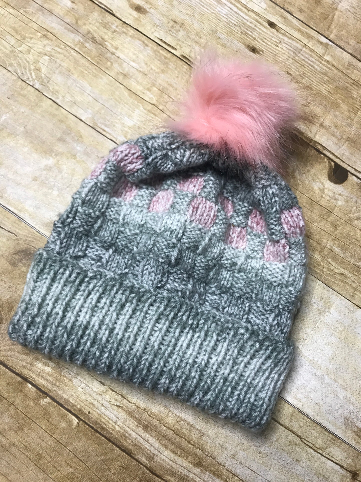 Hand knitted Adult size beanie hat Grey and pink color with fur pop pom