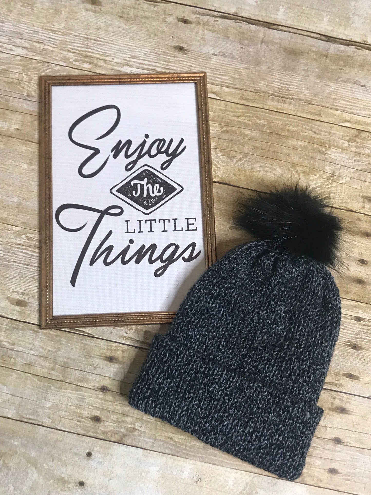 Knit beanie hat - unisex- double layer grey and black - faux fur pom pom