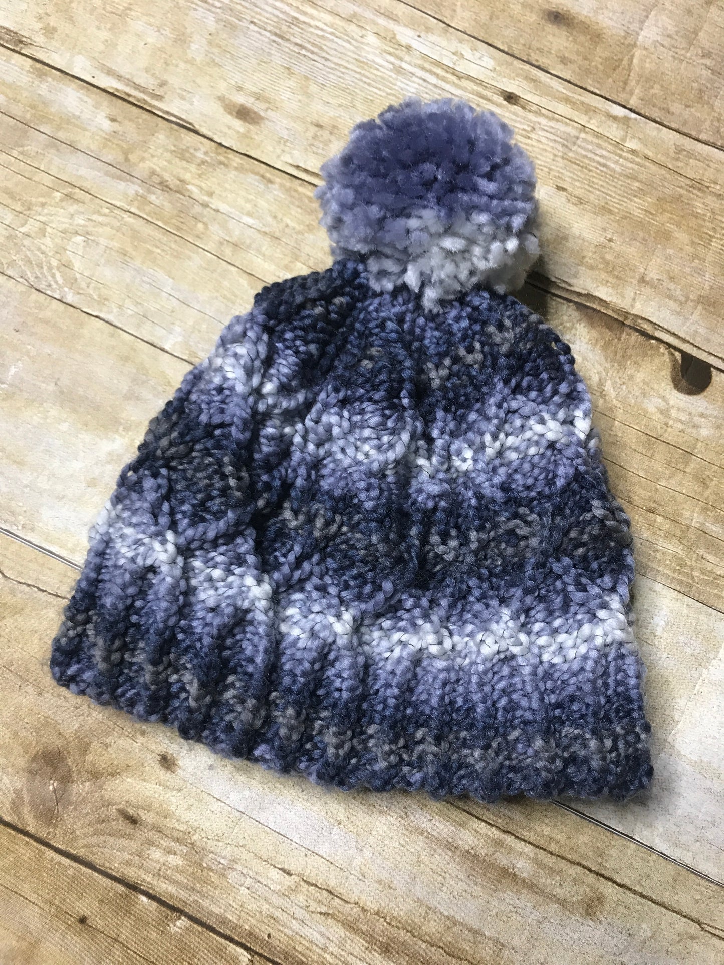 Hand knitted Teen/Adult size beanie hat shades of blue with matching pom pom