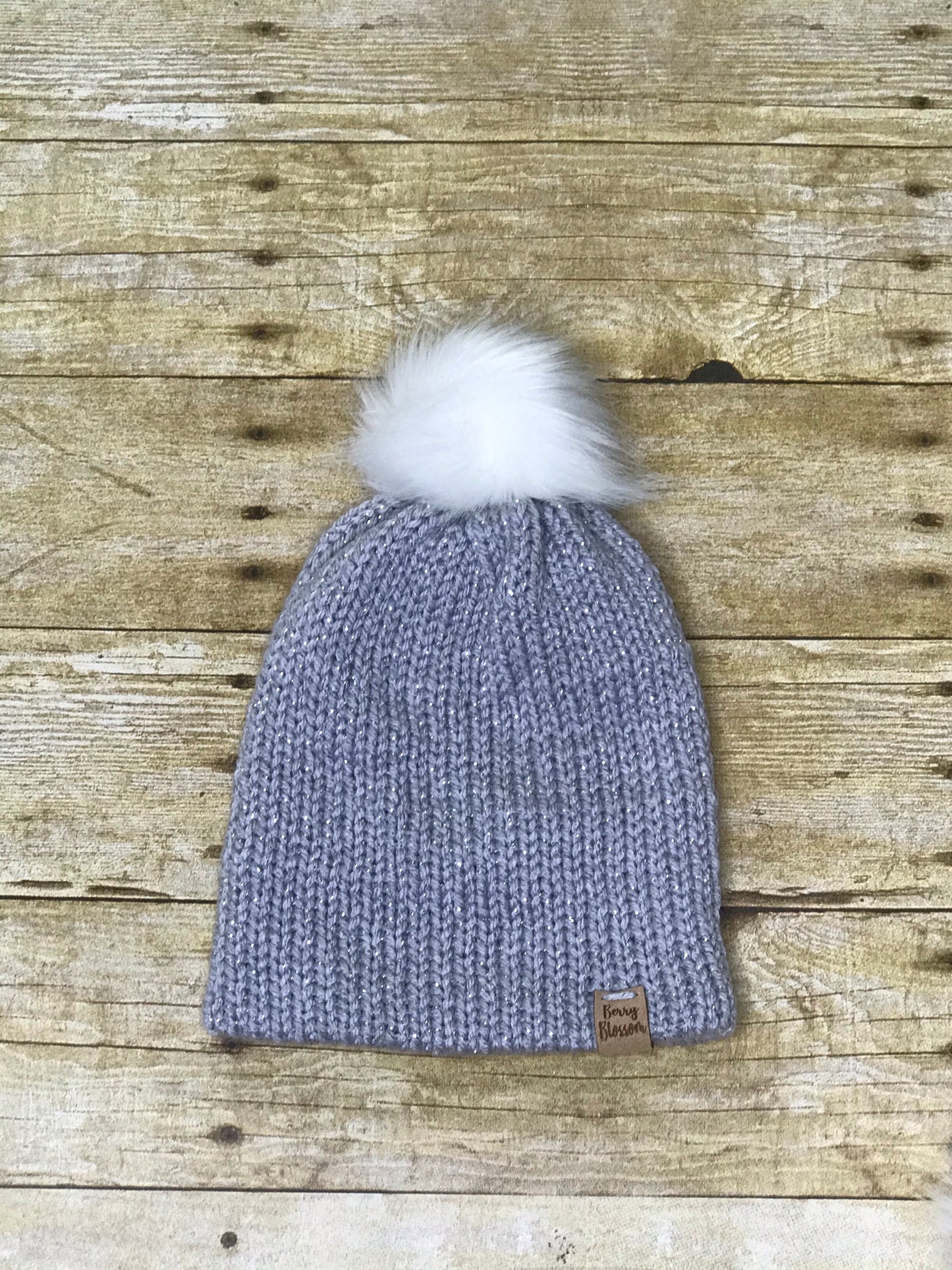 Knit beanie hat for girls with sparkle and fur Pom Pom- handmade