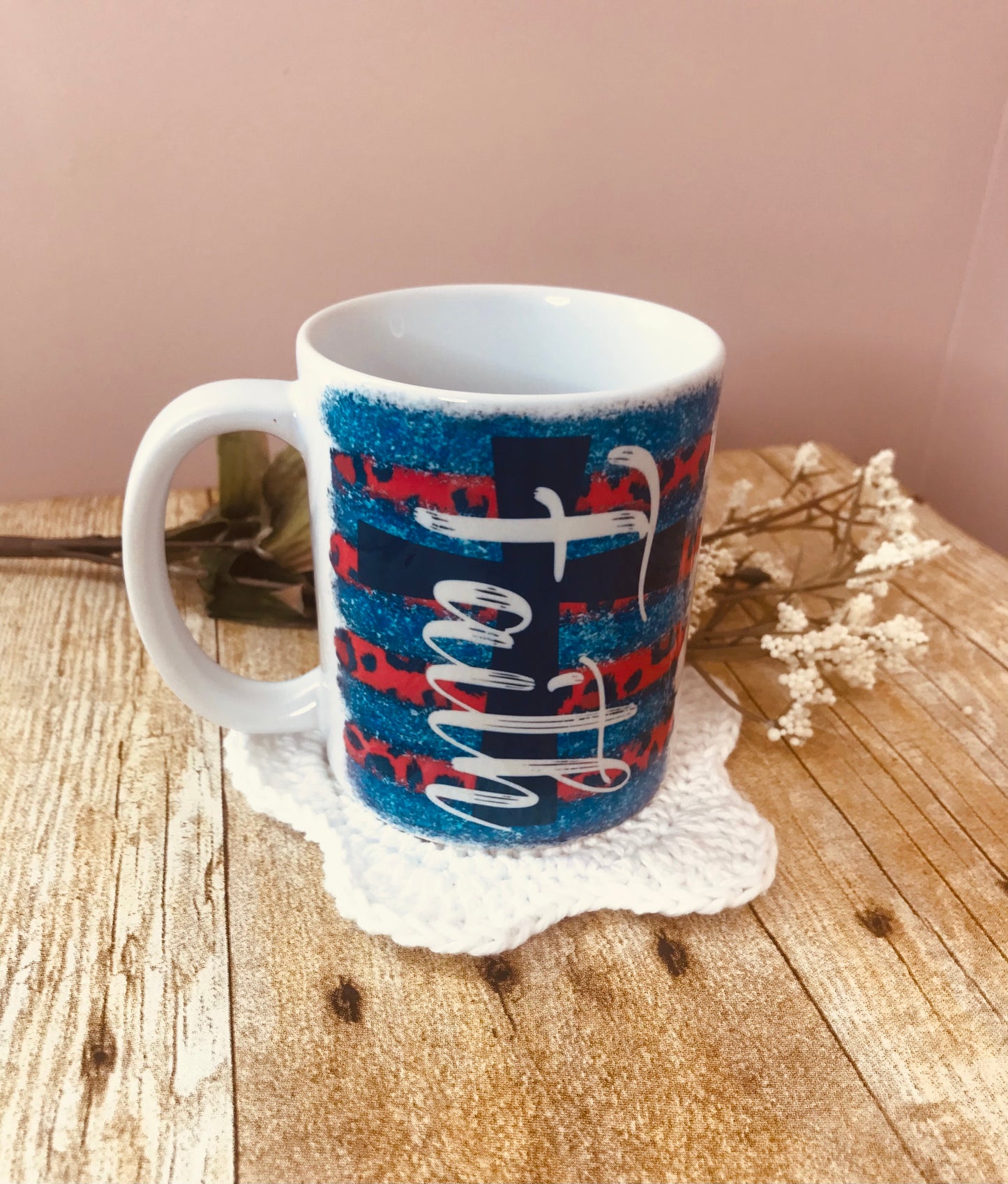 Coffee Mug “Faith” cross red, white and blue cup