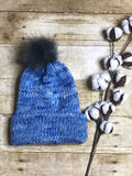 Knit slouch beanie hat fur Pom Pom blue unisex
