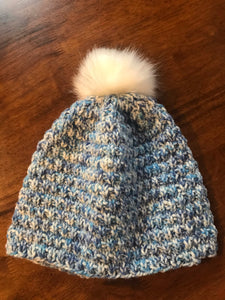 Hand knitted Adult size beanie hat blue fur Pom Pom