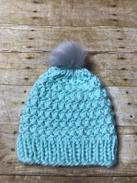 Hand knitted Adult size beanie hat Mint color with fur pop pom