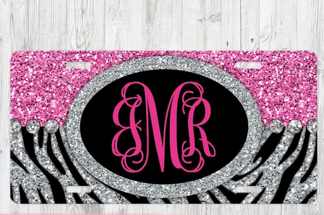 Zebra Print Glitter Aluminum License Plate - Custom Personalized Monogram car tag