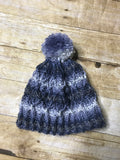 Hand knitted Teen/Adult size beanie hat shades of blue with matching pom pom