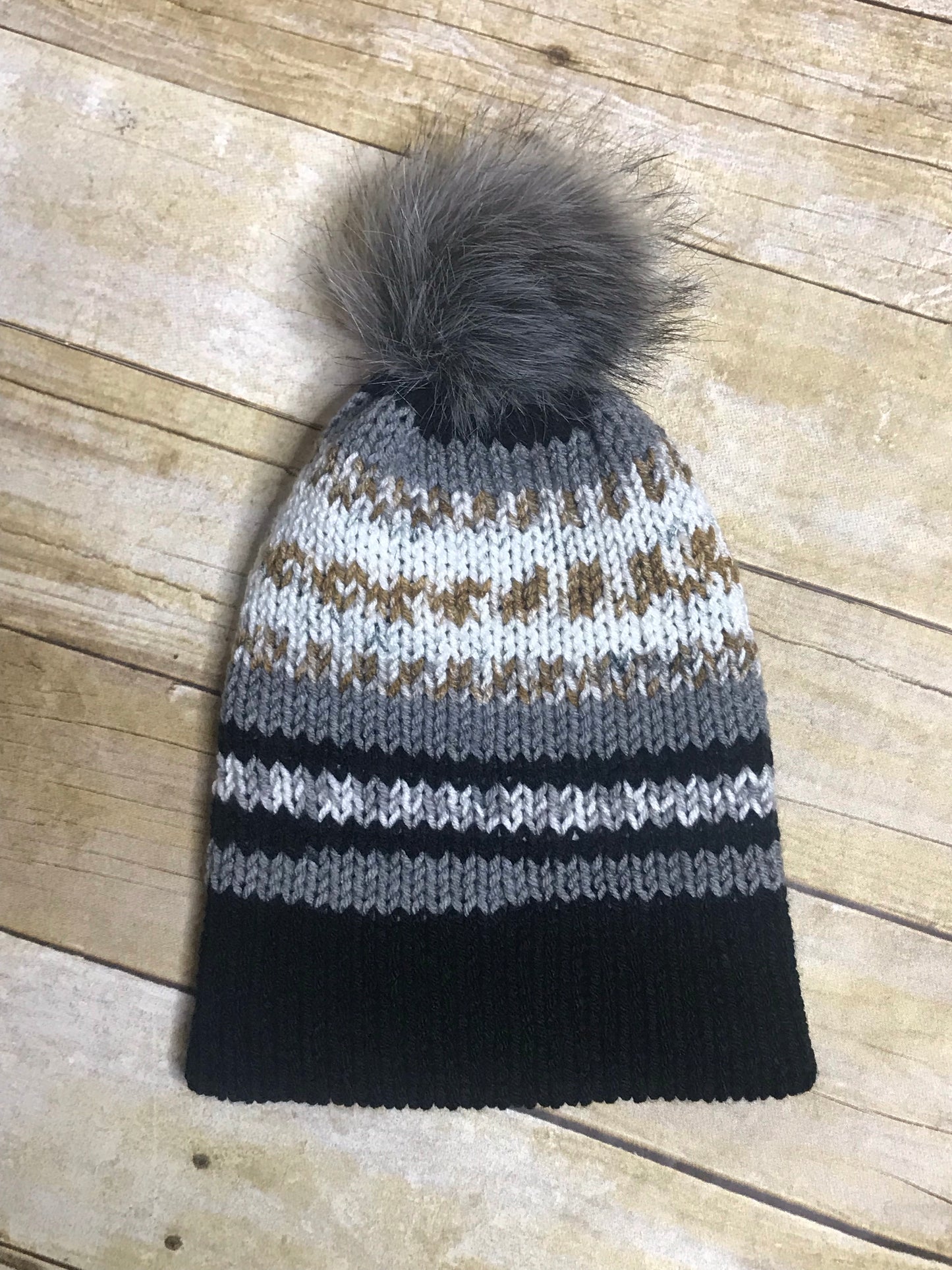 Knit Beanie Hat - unisex- double layer - faux fur pom pom