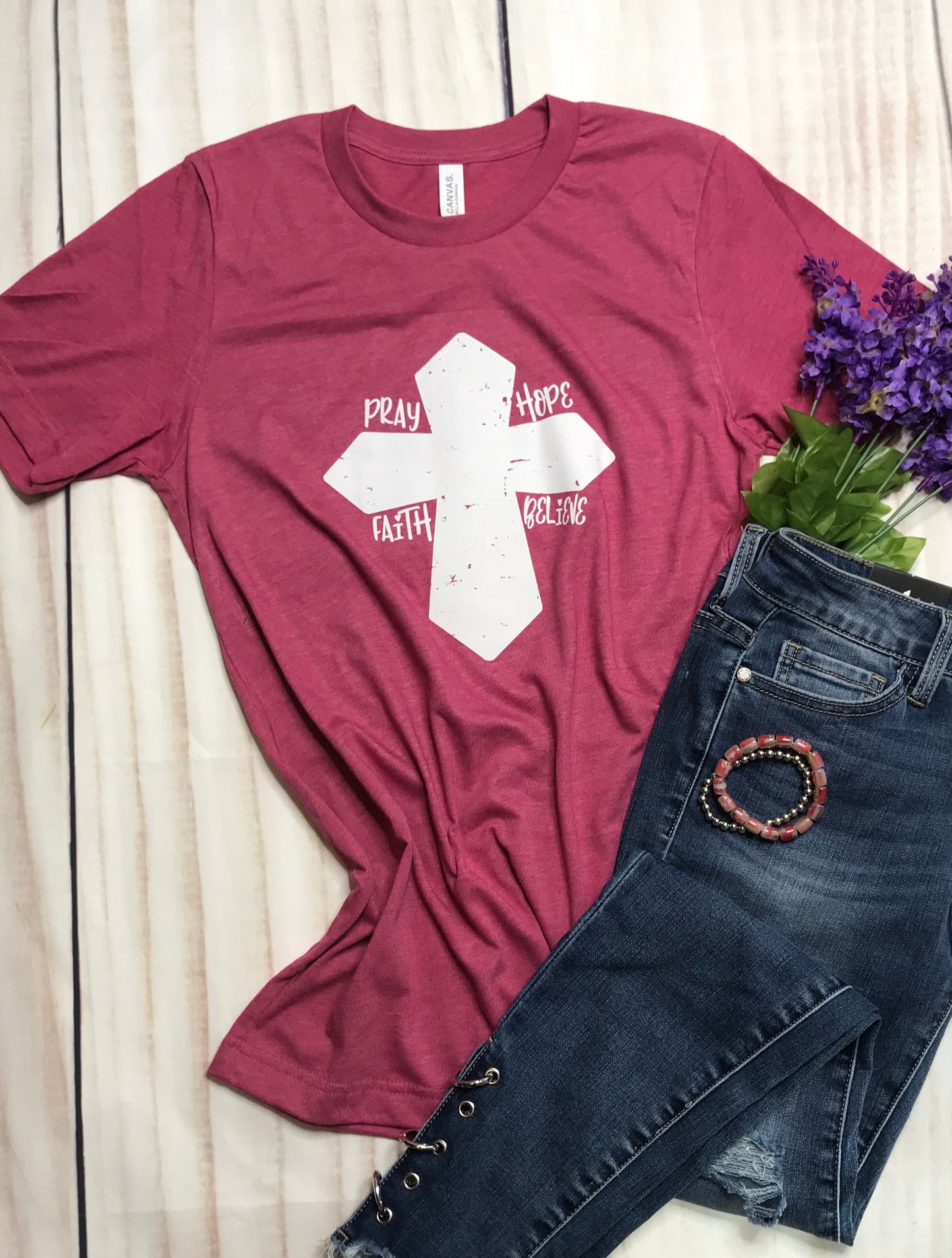 SALE  “Pray Hope Faith Believe” Cross Ladies short sleeves Shirt - graphic tee- top