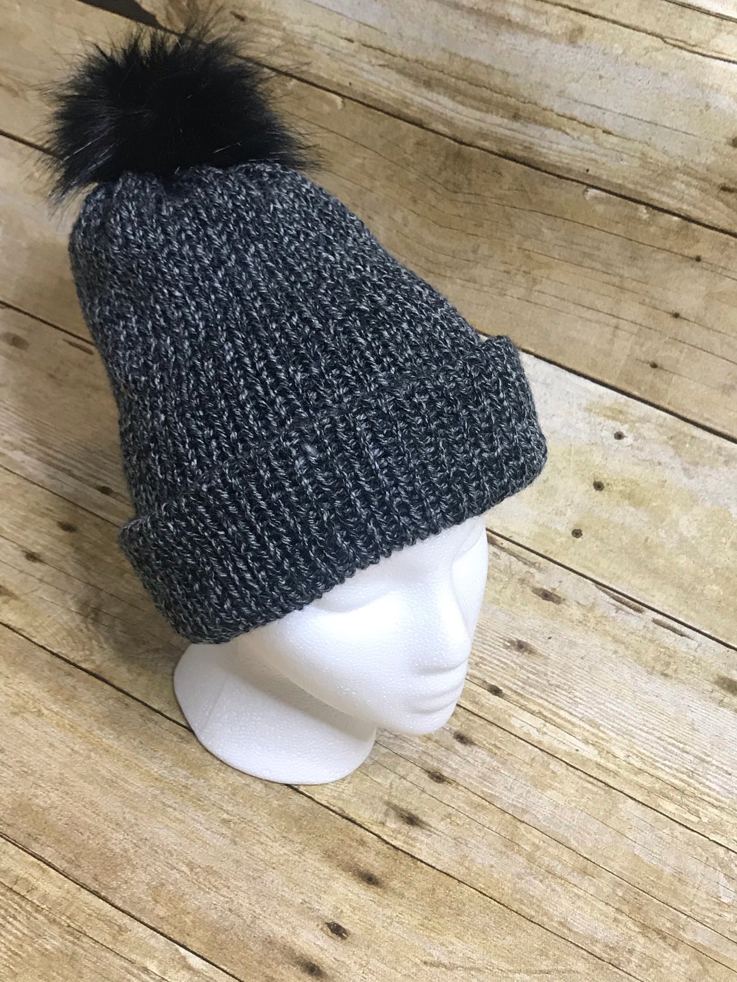 Knit beanie hat - unisex- double layer grey and black - faux fur pom pom