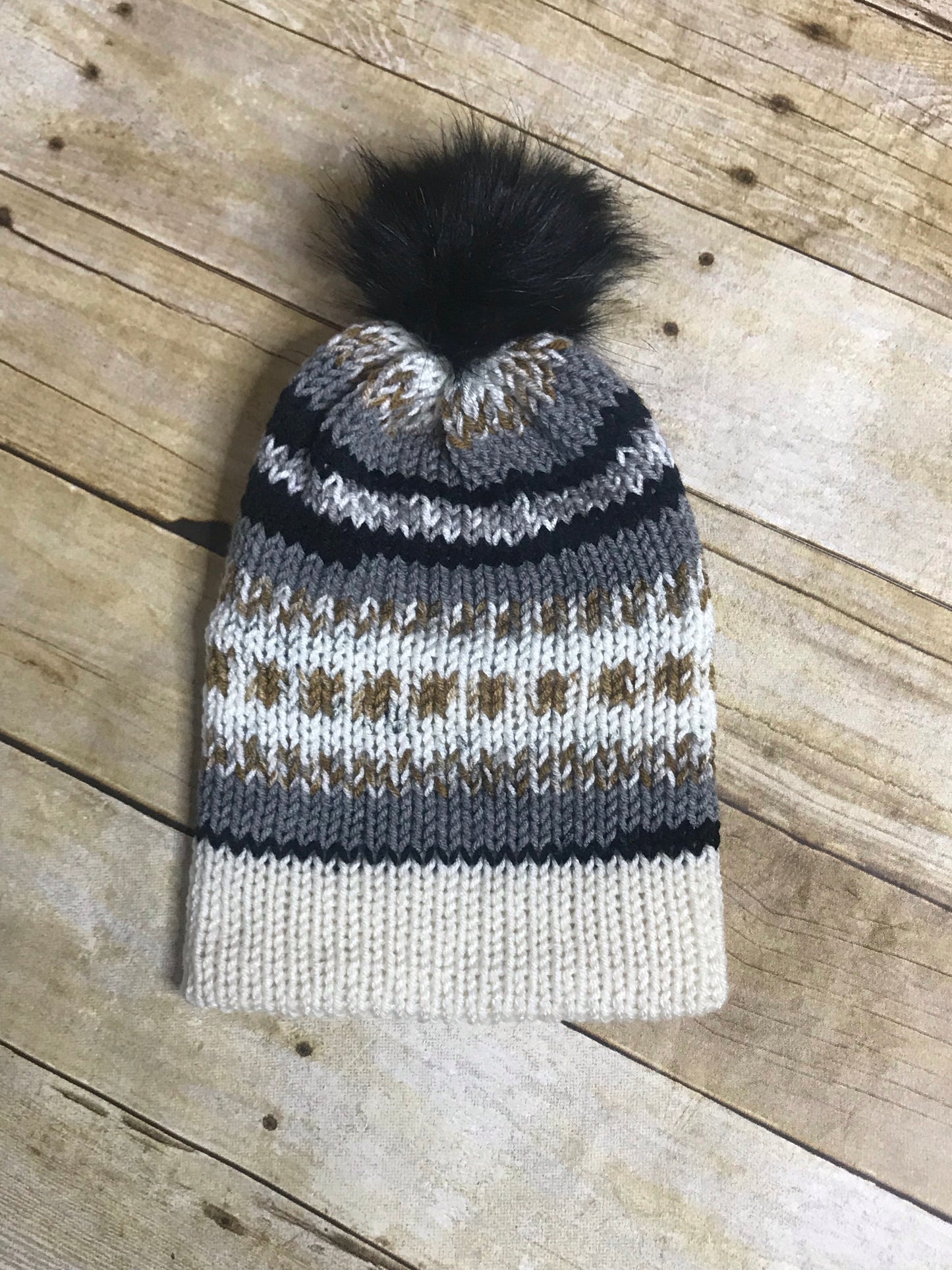 Knit Beanie Hat - unisex- double layer - faux fur pom pom