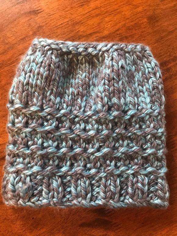 Hand knitted messy bun ladies beanie hat grey teal