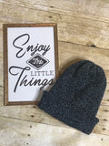 Knit beanie hat - unisex- double layer grey and black - faux fur pom pom
