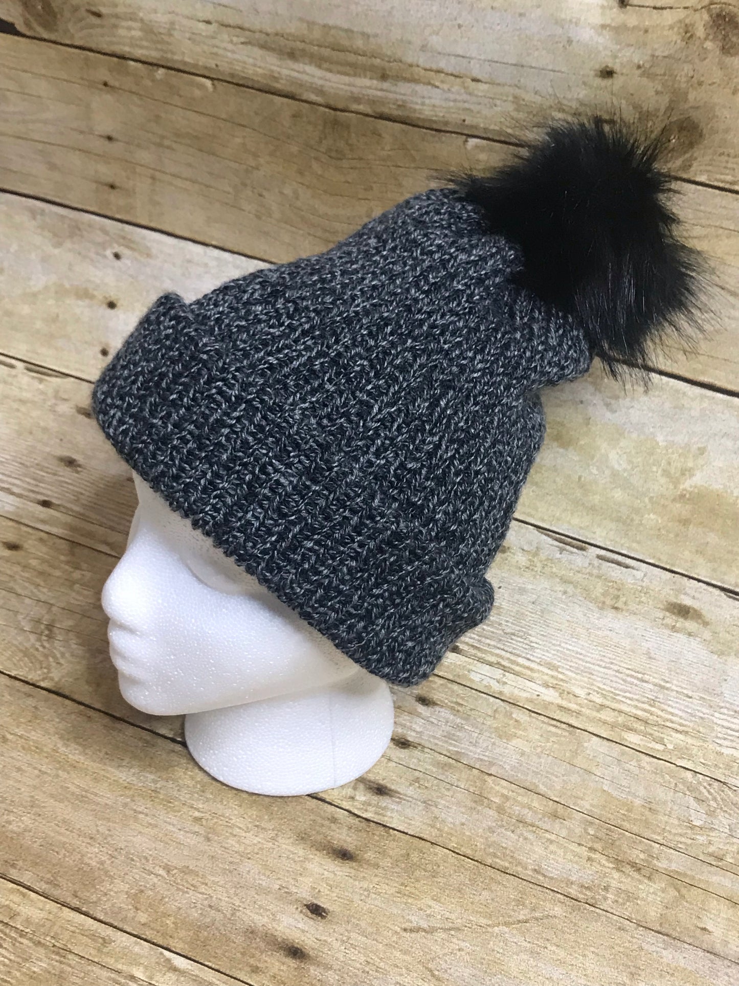 Knit beanie hat - unisex- double layer grey and black - faux fur pom pom