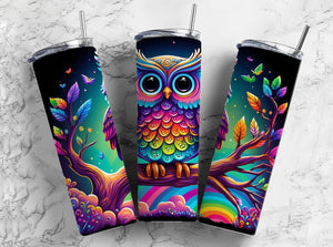 Owl rainbow color bird 20oz skinny straight custom made tumbler - drinkware
