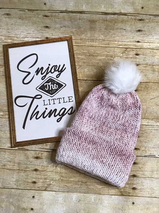 Knit Slouch Beanie Hat Pink and White  - faux fur pom pom