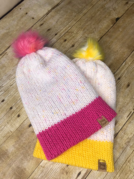 Knit Slouch Beanie Hat Pink or Yellow - faux fur pom pom