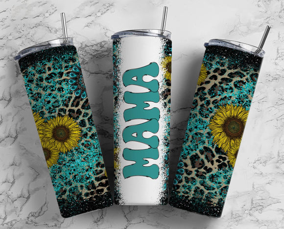 Mama Tumbler teal sunflower leopard 20oz Skinny Straight Tumbler drinkware-with straw -water bottle -coffee mug cup travel tumbler