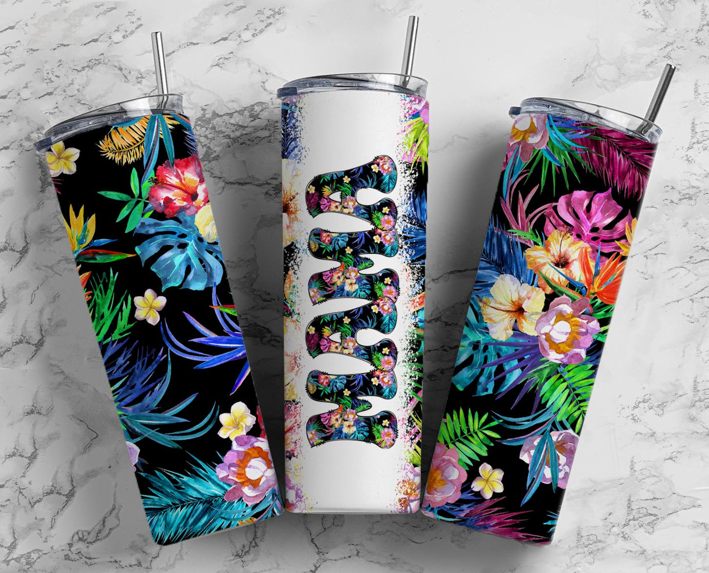 Mama Tumbler Tropical Flowers 20oz Skinny Straight Tumbler drinkware-with straw -water bottle -coffee mug cup travel tumbler